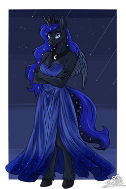 anthro blue_clothing blue_dress blue_hair blue_tail clothed clothing clothing_around_neck crossed_arms dress elegant_dress feathered_wings feathers female fluffy fluffy_ears fluffy_tail hair hooves horn long_dress looking_at_viewer sleeveless_dress slit_dress smile solo standing starry_hair strapless_clothing strapless_dress tail unguligrade unicorn_horn wings stille friendship_is_magic hasbro my_little_pony mythology princess_luna_(mlp) equid equine mammal mythological_creature mythological_equine winged_unicorn 2:3 absurd_res hi_res