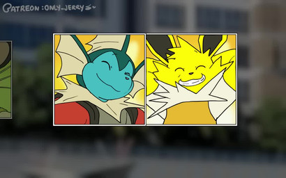 anthro dorsal_fin eyes_closed fin forehead_gem gem group male open_mouth open_smile smile text trio yellow_body dahecksajerry bandai_namco nintendo pokemon tales_of_(series) booster_(dahecksajerry) cash_(dahecksajerry) jet_(dahecksajerry) pierrot_(dahecksajerry) eeveelution flareon generation_1_pokemon jolteon persian_(pokemon) pokemon_(species) vaporeon 16:10 animated english_text long_playtime sound video widescreen