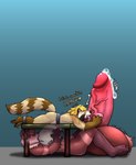 anthro ball_lick balls big_balls big_penis blonde_hair bodily_fluids brown_body brown_fur butt cum duo fur furniture genital_fluids genitals green_eyes hair huge_balls huge_penis hyper hyper_balls hyper_genitalia hyper_penis leaking_cum licking lying male male/male markings nude on_back oral penile penis penis_lick penis_size_difference pink_eyes red_hair restrained restraints sex small_penis striped_markings striped_tail stripes table tail tail_markings tongue yellow_body yellow_fur ngusommm chips_savacha kirione domestic_ferret hybrid mammal mustelid musteline procyonid raccoon stoat true_musteline weasel absurd_res hi_res