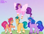 female feral group horn male wings bardo_en_krisis hasbro mlp_g5 my_little_pony mythology hitch_trailblazer_(mlp) izzy_moonbow_(mlp) pipp_petals_(mlp) sunny_starscout_(mlp) equestrian equid equine horse mammal mythological_creature mythological_equine pegasus pony unicorn clip_studio_paint_(artwork) digital_media_(artwork) flat_colors full-length_portrait hi_res portrait