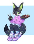 anthro chopsticks clothed clothing food hair heterochromia male markings open_mouth simple_background solo spots sushi revitalia kota_(kotafen) canid canine fennec_fox fox mammal true_fox absurd_res hi_res