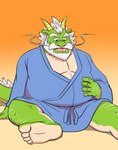 anthro beard belly big_belly facial_hair feet green_body kemono male mustache overweight overweight_male simple_background sitting solo tail bullbluedog mythology dragon mythological_creature mythological_scalie scalie 2024 absurd_res hi_res