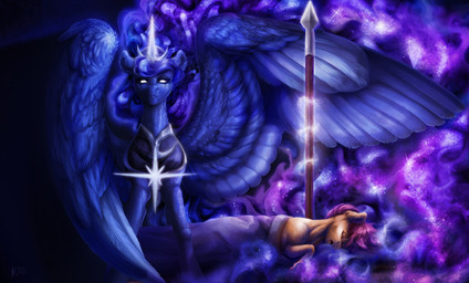 armor blue_wings duo feathered_wings feathers female female_feral feral fur horn light logo lying magic_user mane melee_weapon on_side orange_body orange_fur peytral polearm princess protecting purple_blanket purple_mane royalty short_mane sleeping spear unicorn_horn weapon wings rayrage friendship_is_magic hasbro my_little_pony mythology princess_luna_(mlp) scootaloo_(mlp) equid equine horse mammal mythological_creature mythological_equine pony winged_unicorn 2025 absurd_res artist_logo colored digital_media_(artwork) digital_painting_(artwork) hi_res lighting painting_(artwork) shaded tagme