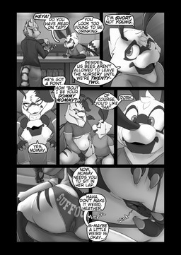 2_fingers 3_fingers 4_arms antennae_(anatomy) anthro anus anus_outline back_wings balls bar bartender big_breasts big_butt breasts butt claws clothed clothed_anthro clothed_female clothed_male clothing crop_top dialogue female fingers genitals group male male/female multi_arm multi_limb overweight partially_clothed puffy_anus shirt speech_bubble stinger stinger_tail tail teasing text thong topwear trio underwear wings soomir heather_(soomir) hectar_(soomir) arthropod bee domestic_cat felid feline felis hymenopteran insect mammal queen_bee absurd_res black_and_white comic english_text hi_res monochrome