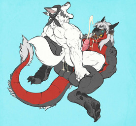anal anal_penetration anthro anthro_on_anthro balls barazoku biceps black_body black_nose black_penis black_scales blue_background bodily_fluids butt claws clothing cowgirl_position cum cum_in_ass cum_in_mouth cum_inside cum_on_balls cum_on_chest cum_on_face cum_while_penetrated cumshot duo ear_piercing ejaculation erection eyes_closed fangs feet from_front_position fur genital_fluids genitals grey_body grey_hair grey_scales hair hands-free horn humanoid_genitalia humanoid_penis interspecies kerchief leaking_cum lying male male/male male_on_bottom male_on_top male_penetrated male_penetrating male_penetrating_male muscular nude on_back on_bottom on_top one_eye_closed open_mouth orgasm pecs penetration penis piercing red_body red_scales scales sex simple_background spread_legs spreading straddling tail tail_tuft teeth toe_claws tuft vein veiny_penis white_body white_fur yellow_eyes nightterror mythology duke_(nightterror) soren_ashe canid canine canis dragon mammal mythological_creature mythological_scalie reptile scalie wolf