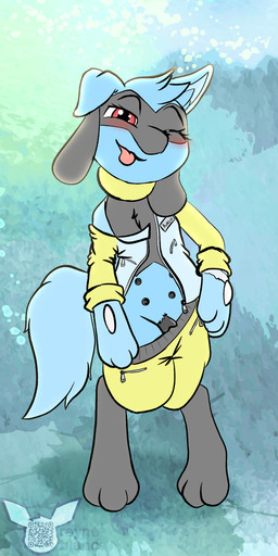 animal_genitalia animal_vulva bottomwear canine_genitalia canine_vulva clothed clothing female feral genitals jacket one_eye_closed partially_clothed shorts solo striptease teats tongue tongue_out topwear undressing vulva wink albinoraynedeer nintendo pokemon aurelia_(draycros) generation_4_pokemon pokemon_(species) riolu 1:2 absurd_res hi_res
