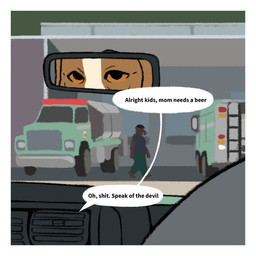 ambiguous_gender anthro black_hair boots border bottomwear brown_body brown_boots brown_clothing brown_footwear brown_fur brown_skin car clothing duo footwear fur garage green_bottomwear green_clothing green_pants grey_clothing grey_shirt grey_t-shirt grey_topwear hair inside_car inside_vehicle mirror mirror_reflection multicolored_body multicolored_fur orange_eyes pants reflection shirt shoes speech_bubble t-shirt text topwear truck tusks two_tone_body two_tone_fur vehicle white_body white_border white_fur oystr jo_(oystr) markus_(oystr) beagle canid canine canis domestic_dog hunting_dog mammal scent_hound suid suine sus_(pig) visayan_warty_pig 1:1 english_text hi_res female_(lore) nonbinary_(lore)