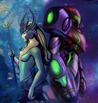 armor crown duo female female/female full_armor headgear machine poster power_armor split_form miseriaeametdolor league_of_legends metroid metroid_dread nintendo riot_games tencent nami_(lol) samus_aran marine merfolk absurd_res hi_res