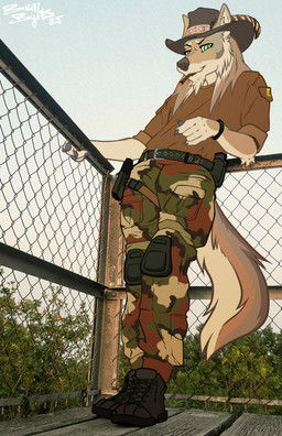 anthro arm_support beard bottomwear camo camo_bottomwear camo_clothing camo_pants camo_print cigar clothing facial_hair hair leaning leaning_backward leaning_on_elbow leaning_on_object long_hair looking_at_viewer male outside pants pattern_bottomwear pattern_clothing pattern_pants smoking smoking_cigar bagelbytes canid canine canis coyote mammal digital_media_(artwork) hi_res