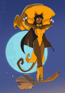 boots breasts broom broom_riding brown_body brown_hair cleaning_tool cleavage clothed clothing cuffs_(clothing) female footwear full_moon fully_clothed hair hat headgear headwear high_heeled_boots high_heels moon night open_mouth orange_eyes shoes sky solo witch_hat conditional_dnp jollyjack animal_humanoid cat_humanoid felid felid_humanoid feline feline_humanoid humanoid mammal mammal_humanoid 2025