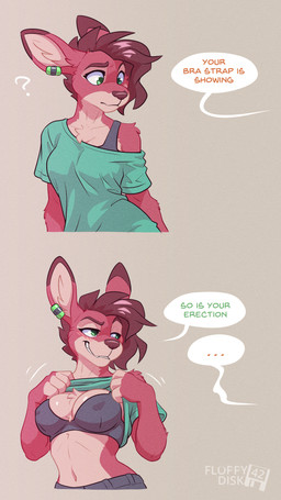 anthro big_breasts blush bra breasts clothed clothing clothing_lift dialogue female fur green_eyes hair red_body red_fur shirt smug smug_expression smug_face smug_female solo text topwear underwear fluffydisk42 bra_strap_showing_(meme) peri_(fluffydisk42) macropod mammal marsupial wallaby digital_media_(artwork) english_text hi_res meme