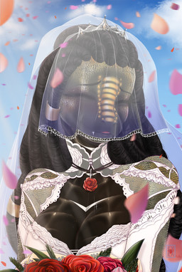 anthro apode big_breasts black_body black_hair bouquet breasts bride clothing crown dreadlock_cuffs dreadlocks dress eyes_closed fangs female feral flower flower_bouquet gold_(metal) gold_jewelry hair happy headgear jewelry legless plant rose_(flower) serpentine shy_smile snakeskin solo split_form teeth tiara wedding wedding_dress wedding_veil blackscale rozjins draconcopode lamia naga reptile scalie snake hi_res