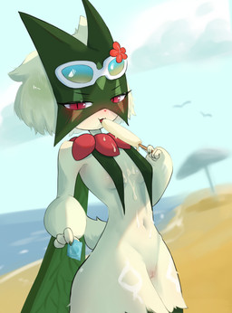 ambiguous_fluids anthro beach beach_umbrella belly blush blush_lines breast_curtains breasts condom dripping eyewear eyewear_on_head female flower flower_accessory flower_on_head food fur genitals green_body green_fur green_hair hair holowear_(pokemon) mask navel parasol plant popsicle popsicle_in_mouth popsicle_melting red_eyes red_flower sexual_barrier_device shy side_boob small_breasts solo standing sunglasses sunglasses_on_head vulva white_eyewear white_sclera white_sunglasses moccimew nintendo pokemon pokemon_unite beach_style_meowscarada generation_9_pokemon meowscarada pokemon_(species) absurd_res hi_res