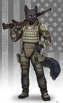 amber_eyes american_flag anthro benelli_m4 black_body black_fur boots bulletproof_vest camo camo_print clothed clothing explosives footwear fully_clothed fur gloves grenade gun hand_on_hip handwear holding_gun holding_object holding_ranged_weapon holding_weapon inner_ear_fluff knee_pads looking_at_viewer m1014 male military plantigrade ranged_weapon shoes shotgun shoulder_pads solo tuft united_states_of_america weapon pgm300 benelli_armi_s.p.a. abram_(flibyooo) canid canine mammal 2022 absurd_res digital_media_(artwork) hi_res shaded