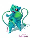 2017 anthro anthrofied bulbasaur butt claws elemental_creature english_text fangs female flora_fauna generation_1_pokemon gesture hand_gesture heart_symbol looking_at_viewer looking_back markings nintendo one_eye_closed open_mouth plant pokemon pokemon_(species) pokemorph rear_view red_eyes simple_background solo teeth text toe_claws tongue v_sign vicioustyrant vines white_background wink