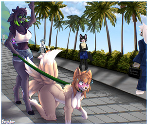 anthro bdsm blush bodily_fluids border breasts collar dominant dominant_female duo exhibitionism female leash leashed_collar male male/female multi_tail nipples nude palm_tree petplay plant public public_nudity roleplay sweat tail tree walkies white_border sodaduv beastars amanda_(sodaduv) haru_(beastars) legoshi_(beastars) bovid canid canine canis caprine fox lagomorph leporid mammal rabbit sheep wolf absurd_res hi_res