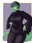 anthro biped black_bottomwear black_clothing black_pants black_shirt black_topwear blue_eyes border bottomwear breasts clothed clothed_anthro clothed_female clothing costume eyelashes female fingers front_view green_body green_hair green_scales hair half-closed_eyes holidays humanoid_hands long_tail looking_at_viewer low-angle_view mask narrowed_eyes non-mammal_breasts pants purple_background scales shirt short_hair simple_background slightly_chubby slightly_chubby_anthro slightly_chubby_female smile solo standing tail thick_thighs topwear torn_clothing torn_shirt torn_topwear white_border wide_hips yellow_sclera dark_rya cavemanon_studios halloween i_wani_hug_that_gator scream_(films) ghostface_(scream) olivia_halford baryonyx dinosaur prehistoric_species reptile scalie spinosaurid theropod 2024 3:4 artist_name colored hi_res portrait shaded three-quarter_portrait