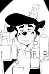 alcohol anthro beer beverage bottle clothing container eye_bags facial_hair hat headgear headwear male necktie party_hat sad sideburns solo whiskey wine jordo_(artist) jerry_(jordo) chimera hi_res monochrome