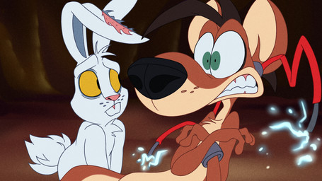 anthro black_eyes black_nose brown_body brown_ears brown_fur brown_hair buckteeth chest_tuft clenched_teeth cuffs_(clothing) duo electricity fur green_eyes hair inside kneeling long_ears looking_at_another lying male on_back pink_nose scut_tail short_tail tail tan_body tan_fur teeth tuft white_body white_ears white_fur white_hair white_tail white_tuft wire worried yellow_sclera 8-bit-britt crystal_dynamics whiplash_(game) redmond_(whiplash) spanx_(whiplash) lagomorph leporid mammal mustelid musteline rabbit true_musteline weasel 16:9 2023 digital_media_(artwork) hi_res widescreen