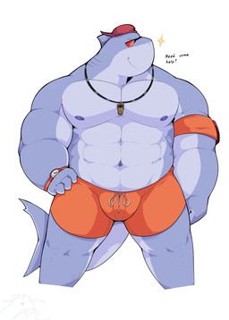 anthro armband backwards_baseball_cap backwards_hat baseball_cap clock clothing eyewear hat headgear headwear male multicolored_body muscular muscular_male nipples pecs shark_tail shirtless_male solo sunglasses swimming_trunks swimwear text two_tone_body watch whistle_around_neck makoakira epic_games fortnite safety_first_steve_(fortnite) aquatic fish shark english_text hi_res