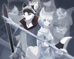 amber_eyes anthro armor asian_clothing black_body black_fur clothing duo east_asian_clothing female fur hair holding_melee_weapon holding_object holding_sword holding_weapon japanese_clothing kimono looking_at_viewer magic_user male melee_weapon silver_hair staff sword warrior weapon white_body white_eyes white_fur white_hair lawkie asian_mythology east_asian_mythology japanese_mythology mythology nioh arctic_fox canid canine fox mammal true_fox yokai yuki-onna 5:4