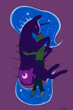 black_body black_feathers bottomwear clothed clothing cuddling cutie_mark duo eyes_closed feathered_wings feathers female feral footwear green_body green_skin hooves horn hug legwear lying male pants simple_background sleeping socks wings nivrozs friendship_is_magic hasbro my_little_pony mythology anon anonymous nightmare_moon_(mlp) equid equine human mammal mythological_creature mythological_equine winged_unicorn 2014 hi_res signature