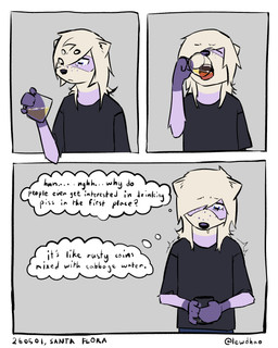 3_panel_comic anthro black_clothing black_shirt black_topwear blonde_hair bodily_fluids clothed clothing container cup disgust drinking drinking_urine eyes_closed fur genital_fluids glass hair holding_object multi_panel multicolored_body multicolored_fur open_mouth purple_body purple_fur shaking shirt shivering simple_background solo text thought_bubble topwear urine urine_in_mouth watersports white_body white_fur borealhao lamapola vinea_(lamapola) domestic_ferret mammal mustelid musteline true_musteline weasel 2026 4:5 absurd_res comic dated digital_media_(artwork) english_text hi_res nonbinary_(lore)