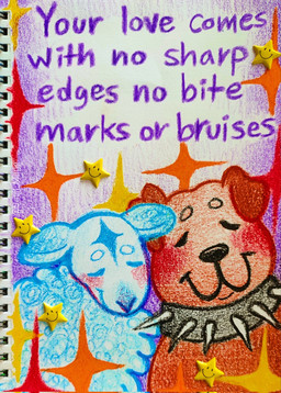 ambiguous_gender blue_body blue_fur collar duo eyes_closed feral fur head_on_head orange_body orange_fur smile sparkles spiked_collar spikes star text basil_mage bovid canid canine canis caprine domestic_dog mammal sheep crayon_(artwork) english_text hi_res traditional_media_(artwork)