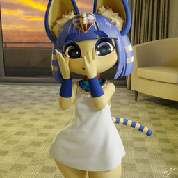 anthro bangs blue_ears blue_eyebrows blue_hair bob_cut breasts clothed clothing dress eyebrows eyeshadow female fully_clothed fur hair hands_together happy inner_ear_fluff inside looking_at_viewer makeup markings nipple_outline one_eye_closed shortstack shortstack_female small_breasts smile smiling_at_viewer solo standing stretching striped_markings striped_tail stripes tail tail_markings tail_motion tailwag tongue tongue_out tuft uraeus wide_hips wink yellow_body yellow_fur yellow_inner_ear yellow_inner_ear_fluff marrubi_(artist) zy0n7_(modeler) animal_crossing nintendo ankha_(animal_crossing) domestic_cat felid feline felis mammal 1:1 2021 3d_(artwork) 3d_animation animated blender_(artwork) digital_media_(artwork) hi_res no_sound short_playtime video