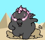 4_fingers angry black_body chibi dust_cloud fingers glowing glowing_eyes male open_mouth pink_body pink_scales pyramid running scales sky solo tail teeth tongue affea godzilla_(series) monsterverse toho godzilla kaiju