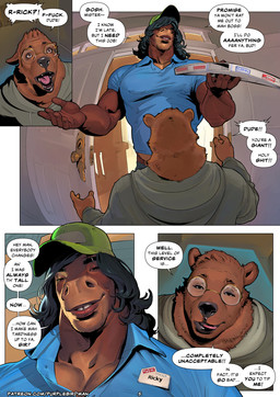 5_fingers anthro bear_ears blue_clothing blue_shirt blue_topwear box clothed clothing collared_shirt container delivery_(commerce) dialogue dirty_talk duo eyebrow_piercing eyebrows eyewear facial_piercing fingers food_delivery gap_teeth glasses hair hair_over_eye hat headgear headwear hoodie larger_male licking licking_lips lips long_hair male muscular muscular_anthro muscular_male piercing pizza_box pizza_delivery shirt size_difference smile speech_bubble teeth text thick_eyebrows thick_lips tight_clothing tongue tongue_out tooth_gap topwear purplebirdman domino's_pizza ricky_(purplebirdman) tony_(purplebirdman) bear equid equine horse mammal comic english_text multiple_scenes