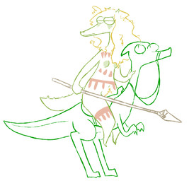 alternate_form alternate_species ambiguous_gender anthro areola biped bipedal_feral blonde_hair breasts duo female feral green_body hair hand_on_neck harness holding_melee_weapon holding_object holding_polearm holding_spear holding_weapon long_hair long_neck long_snout long_tail looking_back markings melee_weapon messy_hair nipples non-mammal_areolas non-mammal_breasts non-mammal_nipples nude nude_anthro nude_female polearm pubes pupils riding saddle simple_background slit_pupils snout spear tail tribal tribal_markings weapon white_background the_weaver monstro_village caimon the_weaver_(character) alligator alligatorid crocodilian dinosaur prehistoric_species reptile scalie 2026 colored_line_art digital_drawing_(artwork) digital_media_(artwork)