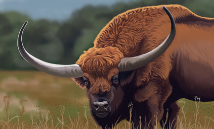 black_eyes blue_sky brown_body brown_fur day feral forest fur grass horn long_horn looking_at_viewer nature outside plant quadruped realistic sky solo tree agustindiazart giant_bison prehistoric_species 2026 hi_res