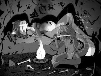 age_difference anthro belly big_belly bodily_fluids bodypaint bone bottomwear breasts captured cave cave_painting caveman cavewoman chewing chewing_object clothed clothing duo eyes_closed female fur hair loincloth loincloth_only lying male male/female markings mature_anthro mature_female musk nude object_in_mouth open_mouth pregnant pregnant_anthro pregnant_female saliva shota sitting size_difference sleeping sweat tail tattoo teeth text topless tribal tribal_markings tribal_tattoo white_body white_fur young young_anthro young_male younger_male imierbenety nintendo star_fox fan_character krystal_(star_fox) stinky_wolf_boy canid canine canis fox mammal wolf 2024 4:3 absurd_res black_and_white digital_drawing_(artwork) digital_media_(artwork) english_text hi_res monochrome screentone shaded