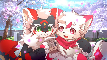 :3 anthro beverage big_eyes black_body black_fur bubble_tea cherry_blossom duo flower fur green_eyes kemono male open_mouth pink_eyes plant prunus_(flower) red_body red_fur red_scarf scarf slim_anthro slim_male white_body white_fur hlg7777 canid canine felid fox mammal pantherine tiger 2021