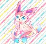 abstract_background accessory ambiguous_gender blue_eyes bow_ribbon bow_tie feral fur hair_accessory hair_bow hair_ribbon pink_body pink_fur ribbons simple_background smile solo tan_body tan_fur geegeet nintendo pokemon eeveelution generation_6_pokemon pokemon_(species) sylveon