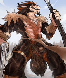 animal_genitalia animal_penis anthro balls big_balls biped bodily_fluids bottomwear bottomwear_aside brown_balls brown_body brown_fur brown_hair clothing clothing_aside dripping equine_genitalia equine_penis fully_sheathed fur genital_fluids genitals hair ineffective_clothing ineffective_loincloth jewelry loincloth loincloth_aside low-angle_view male melee_weapon muscular muscular_male necklace penis polearm precum saggy_balls sheath solo spear tan_body tan_fur tribal vein veiny_penis weapon white_body white_fur laobai mythology bai_(laobai) dragon felkin furred_dragon furred_scalie mammal mythological_creature mythological_scalie scalie absurd_res hi_res
