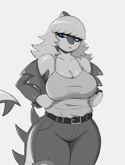 anthro bangs belt big_breasts blue_eyes bone_frill bottomwear breasts cleavage clothed clothing curvy_figure denim denim_bottomwear denim_clothing eyelashes female frill_(anatomy) hair hand_on_hip jacket jeans long_tail looking_at_viewer narrowed_eyes pants shirt simple_background solo spiked_tail spikes spikes_(anatomy) tail tank_top thigh_gap topwear torn_bottomwear torn_clothing torn_jeans torn_pants undressing wide_hips kemisk_landfill cavemanon_studios i_wani_hug_that_gator mia_moretti dinosaur hadrosaurid ornithischian ornithopod parasaurolophus prehistoric_species reptile scalie absurd_res hi_res monochrome shaded spot_color