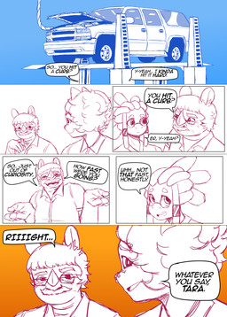 anthro car curly_hair dialogue eyewear female glasses hair male multiple_piercings piercing ponytail short_hair smug vehicle gulasauce_(artist) katrina_del_mar mercadier_renault tara_hills amphibian domestic_cat felid feline felis frog majarean mammal rhinoceros absurd_res comic hi_res