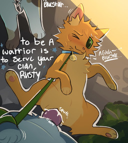 3_toes age_difference ambiguous_gender biped bipedal_feral blue_collar blush bodily_fluids cheek_tuft chest_tuft collar collar_tag crossgender cum cum_in_vagina cum_inside dialogue dominant duo_focus ejaculation faceless_character facial_tuft feet female female_penetrated feral feral_on_feral feral_penetrated feral_penetrating feral_penetrating_feral first_person_view fluffy from_front_position fur fuzzy genital_fluids genitals green_eyes green_leash grey_body grey_fur group head_tuft heart_symbol high-angle_view inner_ear_fluff leash leash_pull leashed_collar looking_at_viewer lying male male/female male_penetrating male_penetrating_female mostly_offscreen_character motion_lines multicolored_body multicolored_fur name_in_dialogue name_tag on_back one_eye_closed orange_body orange_fur pawpads paws penetration sex size_difference smaller_penetrated smile spread_legs spreading star submissive t4t text toes trio tuft vaginal vaginal_penetration vulva white_text wink winking_at_viewer littleperrito warriors_(book_series) bluestar_(warriors) firestar_(warriors) spottedleaf_(warriors) domestic_cat felid feline felis mammal 2026 colored digital_drawing_(artwork) digital_media_(artwork) english_text hi_res trans_(lore)