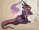 anthro balls black_horn breasts chastity_cage chastity_device genitals gynomorph horn intersex red_body red_scales scales scaly_tail solo tail meldritchhorror azuru_(passermine) kobold scalie 2024 absurd_res hi_res