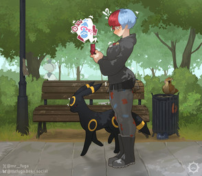 ambiguous_gender black_body blue_hair blush boots bottomwear brown_body clothing duo exclamation_point eyewear female feral footwear gender_symbol gender_symbol_penetration glasses grey_boots grey_bottomwear grey_clothing grey_footwear grey_hoodie grey_pants grey_topwear gym_leader hair hoodie lewd_symbolism markings multicolored_body multicolored_hair outside pants park plant pokeball_symbol pokedex red_hair red_sclera ring_(marking) shoes sidewalk skirt street_lamp symbol timer topwear translucent translucent_bottomwear translucent_clothing translucent_skirt trash_can tree two_tone_body two_tone_hair walking white_sclera yellow_body mrfuga nintendo pokemon bea_(pokemon) penny_(pokemon) eeveelution generation_1_pokemon generation_2_pokemon human mammal pidgey pokemon_(species) umbreon hi_res