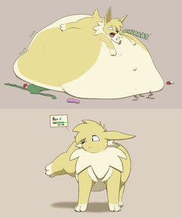abdominal_bulge belly big_belly blorp bodily_fluids bodily_noises burping clothing death derived_sound_effect different_sound_effects discarded_clothing extended_sound_effect fatal_vore feathers feral fur gameplay_mechanics gui health_bar male mass_vore onomatopoeia overweight overweight_feral pokeball rumbling_stomach simple_background slosh sloshing_belly solo sound_effect_variant sound_effects sweat sweatdrop text vore weight_gain yellow_body yellow_fur nom-sympony nintendo pokemon ren_(nom-sympony) eeveelution generation_1_pokemon jolteon pokemon_(species) 5:6 absurd_res hi_res