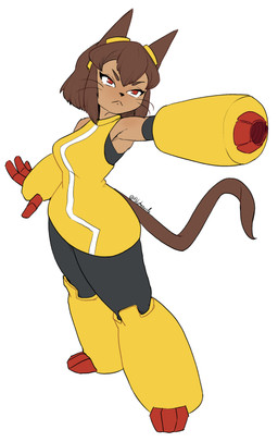anthro arm_cannon bare_shoulders boots brown_body brown_fur clothing eyewear eyewear_on_head female footwear fur gloves goggles goggles_on_head handwear raised_arm red_eyes shoes simple_background solo standing tail whiskers white_background yellow_boots yellow_clothes yellow_clothing yellow_footwear yellow_gloves yellow_handwear polyhazards gameoverse glitch_productions kit_bodega felid feline mammal absurd_res flat_colors full-length_portrait hi_res portrait