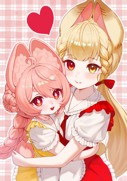 ahoge animal_ears anthro blonde_hair clothed clothed_anthro clothed_female clothed_humanoid clothing dress duo female fully_clothed fully_clothed_anthro fully_clothed_female fully_clothed_humanoid fur hair heart_symbol heterochromia hug inner_ear_fluff light_body light_skin pink_body pink_fur pink_hair red_clothing red_dress red_eyes scut_tail short_tail simple_background tail tuft yellow_clothing yellow_dress yamacho mihoyo zenless_zone_zero zhao_(zenless_zone_zero) animal_humanoid humanoid lagomorph lagomorph_humanoid leporid leporid_humanoid mammal mammal_humanoid rabbit rabbit_humanoid thiren absurd_res hi_res