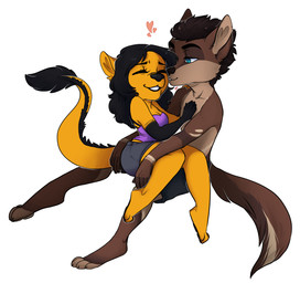 anthro chibi clothed clothing duo female fur hair heart_symbol kissing male male/female smile redpixie canid canine canis coyote hybrid mammal