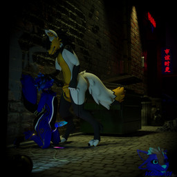 anthro arms_tied bag black_penis blue_body blue_fur blue_penis bound claws collar duo electronics erection flashlight fur genitals golden_markings green_eyes hair leash leash_pull leashed_collar male male/male oral orange_body orange_fur outside penis penis_on_face phone questionable_consent rope size_difference teal_eyes trash_bag trash_can white_body white_fur roguewilde rogue_wilde zephyr_(jackal) astrawolf canid canine canis jackal mammal rexouium 1:1 3d_(artwork) absurd_res digital_media_(artwork) hi_res