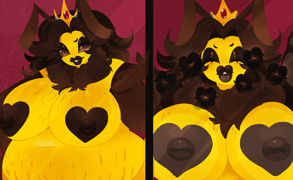 abstract_background antennae_(anatomy) anthro areola belly big_belly big_breasts black_areola black_eyeshadow black_lips black_lipstick black_nipples breasts brown_areola brown_eyeshadow brown_hair brown_lips brown_lipstick brown_nipples compound_eyes crown crown_only eyeshadow female hair headgear headgear_only heart_areola heart_nipples kiss_mark lips lipstick makeup mature_female multicolored_body neck_tuft nipples overweight overweight_female pressed_against_screen queen royalty solo stretch_marks thick_lips tuft wrinkles yellow_body yellow_skin kittykqt queen_theophilia_(azzipaztim) arthropod bee hymenopteran insect queen_bee hi_res