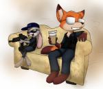 anthro battlefield beverage bulletproof_vest clothed clothing coffee container cup disposable_cup duo eyewear female furniture gun hat headgear headwear holding_gun holding_object holding_ranged_weapon holding_weapon male open_mouth open_smile parody police police_uniform ranged_weapon rifle sitting smile sofa sunglasses text uniform vehicle weapon sandwich-anomaly disney zootopia judy_hopps nick_wilde canid canine fox lagomorph leporid mammal rabbit red_fox true_fox 2016 english_text