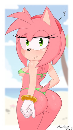 annoyed anthro beach big_butt bikini bikini_bottom bikini_thong bikini_top black_nose blue_sky blurred_background bodily_fluids breasts bubble_butt butt butt_pose clothing cloud confusion countershade_arms countershade_face countershade_fur countershade_torso countershading eyelashes female fur glistening glistening_breasts glistening_butt gloves gold_ring green_bikini green_clothing green_eyes green_swimwear hair half-closed_eyes handwear long_eyelashes medium_breasts narrowed_eyes nipple_outline no_eyebrows palm_tree pink_body pink_butt pink_fur pink_hair plant pose presenting presenting_hindquarters question_mark rear_view ring ring_(sonic) rock sand sea side_boob sky small_nose solo sweat sweatdrop sweaty_body sweaty_breasts sweaty_butt sweaty_face sweaty_legs sweaty_thighs swimwear tan_body tan_breasts tan_countershading tan_fur thick_thighs thin_arms tree two-piece_swimsuit water white_clothing white_gloves white_handwear wide_hips conditional_dnp marbleous nickelodeon sega sonic_the_hedgehog_(series) spongebob_squarepants amy_rose patrick_star eulipotyphlan hedgehog mammal 9:16 hi_res